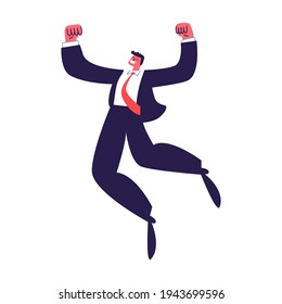 Happy businessman jumping. Active successful young man in a dark suit with a red tie. Vector illustration of isolated joyful person on a white background.
