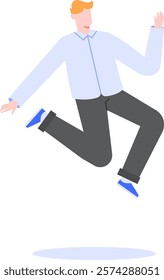 Happy businessman jumping with arms outstretched, celebrating career success, achievement and accomplishment, expressing joy and excitement, wearing casual business attire