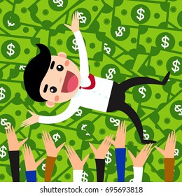 Happy businessman jumping celebrating his success. Business concept cartoon vector illustration