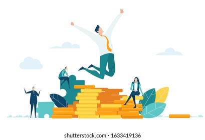 Happy businessman jumping in front golden coins pile. Great investment, assets management and financial advising concept. 