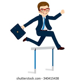 Happy Businessman Jumping Hurdle Successful  Concept Overcoming Difficulties In Business