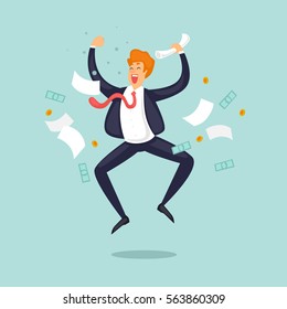 Happy businessman jumping for joy. Flat vector illustration in cartoon style.