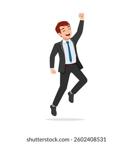 Happy Businessman Jumping with Joy and Raised Arm in Celebration of Success Cartoon Illustration