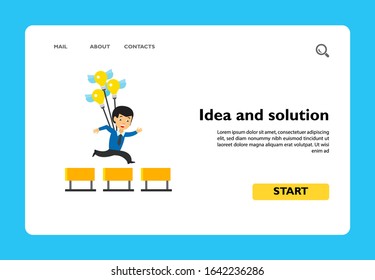 Happy businessman jumping over barriers carried by winged lightbulbs. Inspiration, ambition, business ideas. Solution concept. Can be used for topics like business, startup, creativity in business