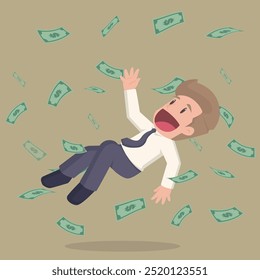 Happy Businessman Jumping Under Money Rain. Business Success.illustration.Vector