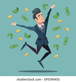 Happy Businessman Jumping Under Money Rain. Business Success. Vector illustration