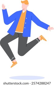 Happy businessman jumping very high with arms up to celebrate success, expressing joy and excitement for reaching business goals and target