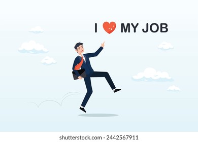 Happy businessman jumping while going to office with the phrase I love my job, I love my job, work passion or positive attitude for career success, professional, gratitude or inspiration (Vector)