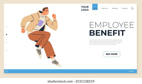 A happy businessman jumps in excitement next to the words Employee Benefit with additional details and a See More button. Ideal for business, employee perks, HR, workplace incentives, corporate