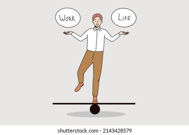 Happy Businessman Keep Balance On Board Between Work And Personal Life. Smiling Successful Male Manager Or Employee Perfect Job And Lifestyle Scheme. Cartoon Character, Vector Illustration. 