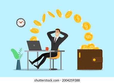 Happy businessman with laptop get money in wallet. Online finance income business man. Joyful person makes passive profit or get wages. Male web gambling and earning concept. Coin from internet eps