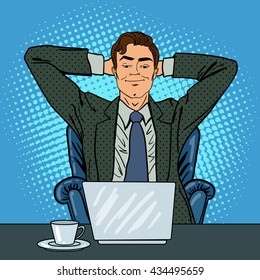 Happy Businessman With Laptop. Office Worker Relax At Computer. Pop Art. Vector Illustration