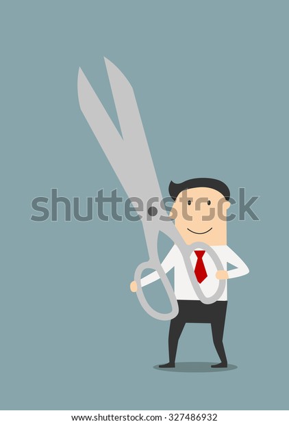 Happy businessman with a large pair of sharp\
scissors in his hands