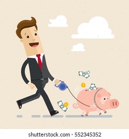 Happy businessman leads a pig on a leash. Businessman walks with piggy bank full of money. Business, finance, banking. Vector, illustration, flat