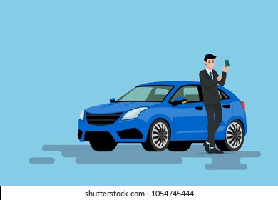 A happy businessman is leaning on his new car and showing his credit card that he use to bought the vehicle. Vector illustration design.