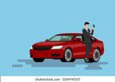 A happy businessman is leaning on his new car and showing his credit card that he use to bought the vehicle. Vector illustration design.