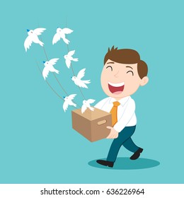 Happy businessman leaving job to be free like bird flying, vector illustration cartoon