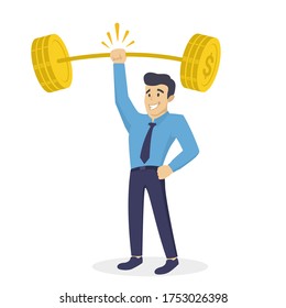 Happy Businessman Lifting Up Barbell with Dollar Sign. Vector cartoon illustration