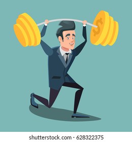 Happy Businessman Lifting Up Barbell with Dollar Sign. Vector cartoon illustration