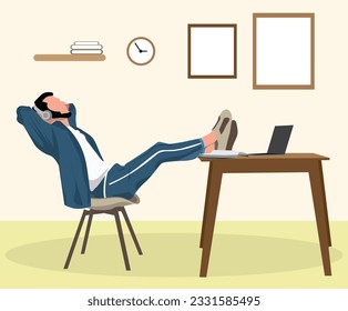 a happy businessman listening to music or podcast in a wireless headset, leaning back holding hands behind their head sitting with legs on the table vector