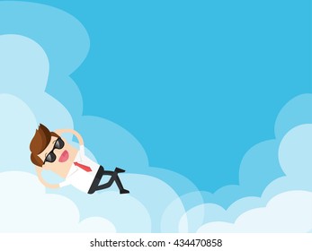 happy businessman lying on clouds with beautiful blue sky. break time and relaxation