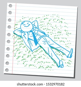 Happy businessman lying on lawn resting. 