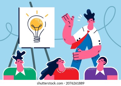 Happy businessman make flip chart presentation develop business idea for diverse colleagues at meeting. Smiling man speaker or presenter lead briefing brainstorm in office. Flat vector illustration. 