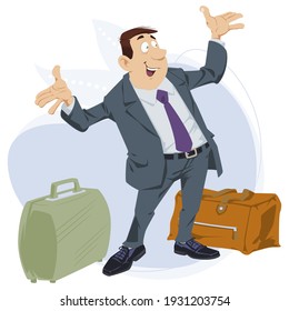 Happy businessman. Man with suitcases. Illustration concept for website and mobile website development.