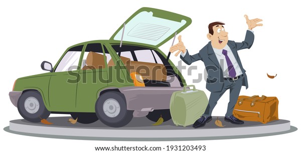 Happy businessman. Man\
with suitcases. Illustration concept for website and mobile website\
development.