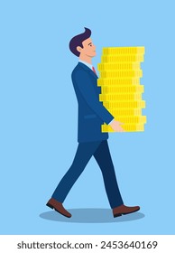 Happy businessman or manager carries big stack of gold coins money. Success in business or Wealth, banking, fortune, investment, achievement, graft concept. Vector illustration in flat style