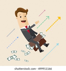 Happy businessman or manager goes up sitting on a briefcase which is full of money. Business concept, profit, growth. Vector, illustration, flat