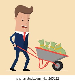 Happy businessman or manager goes with a wheelbarrow full of cash. vector illustration