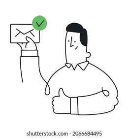 Happy businessman or manager holding closed letter in his hand. E-mail marketing, correspondence, newsletters. Outline, linear, thin line, doodle art. Simple style with editable stroke.