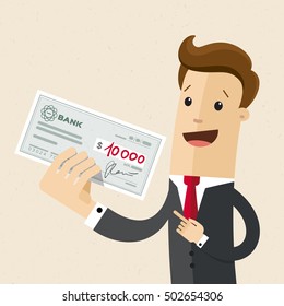 Happy businessman or manager holds in his hand a check with a large sum. Vector, illustration, flat