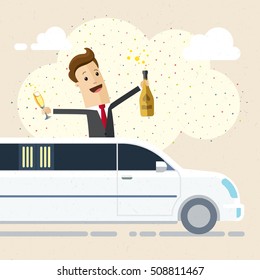 Happy Businessman or manager is riding in a limo with champagne in hand. Holiday, corporate party, evening after work, friday, New year, Christmas, weekend, holidays. Vector, illustration, flat