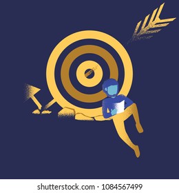 Happy businessman or manager is sit near the target. The arrow hit the target exactly. 