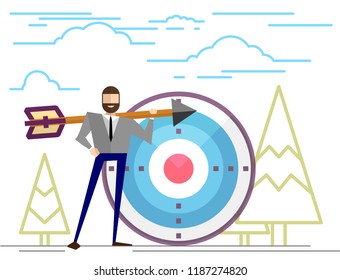 Happy businessman or manager is standing near the target. The arrow hit the target exactly. Flat vector illustration in cartoon style.