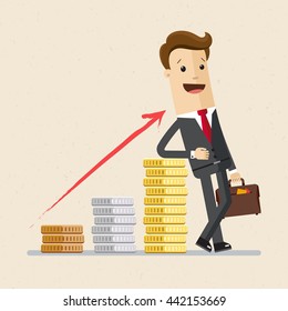 Happy businessman or manager stands near a pile of gold coins. Profit, success, salary, bonus. Illustration, vector, flat