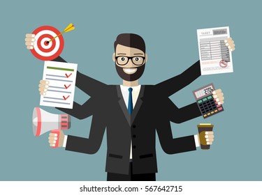 Happy businessman with many hands holding papers, briefcase, mobile phone. Multitasking and productivity concept. Vector flat design illustration.