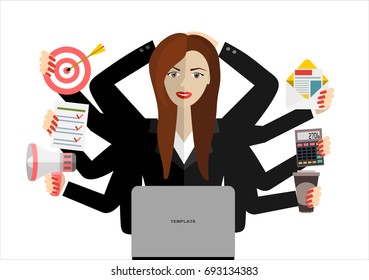 Happy businessman with many hands holding papers, briefcase, mobile phone. Multitasking and productivity concept. Vector flat design illustration.
