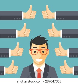 Happy businessman and many hands with thumbs up. Likes and positive feedback concept. Creative vector illustration 