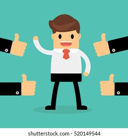 Happy Businessman with many hands thumbs up. feedback concept.