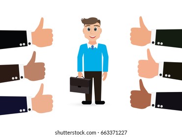 Happy businessman and many hands with thumbs up. Likes and positive feedback concept. Creative vector illustration