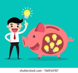 Happy businessman with many his idea light bulb in a piggy. ideas vector illustration concept.