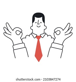 Happy businessman meditating. Outline, linear, thin line, doodle art. Simple style with editable stroke.