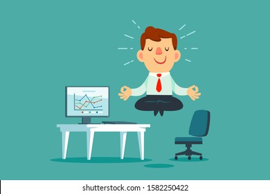 Happy businessman meditating and relaxing at office desk. Stress management business concept.