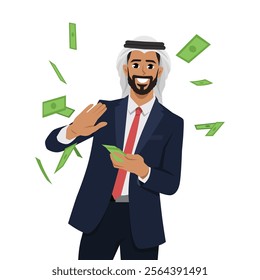 Happy businessman millionaire throw out pile of money banknotes flying into the air. Flat Vector character illustration