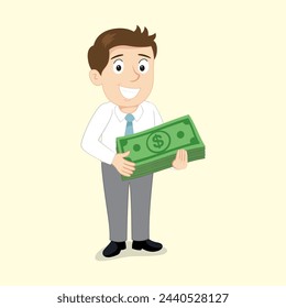 Happy businessman with money banknote. Big or huge money. Business income success concept,
Flat, Poster, Vector, Illustration, Cartoon, EPS10. 
