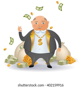 Happy Businessman With A Lot Money. Business Concept Cartoon Illustration. A Happy Cartoon Rich Man Holding Many Dollar Banknotes. Investments For Future. 