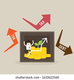 happy businessman and money investment protected from bill tax and debt.